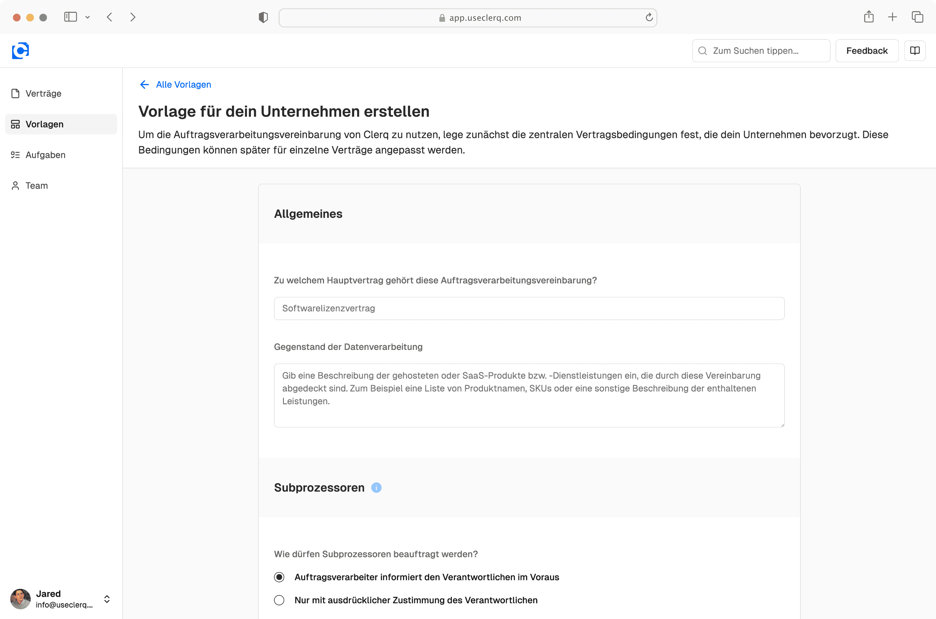 Vorschau der DSGVO-konformen Auftragsverarbeitungsvereinbarung (AVV) in Zircolo zur Regelung der Datenverarbeitung im Auftrag gemäß Art. 28 DSGVO