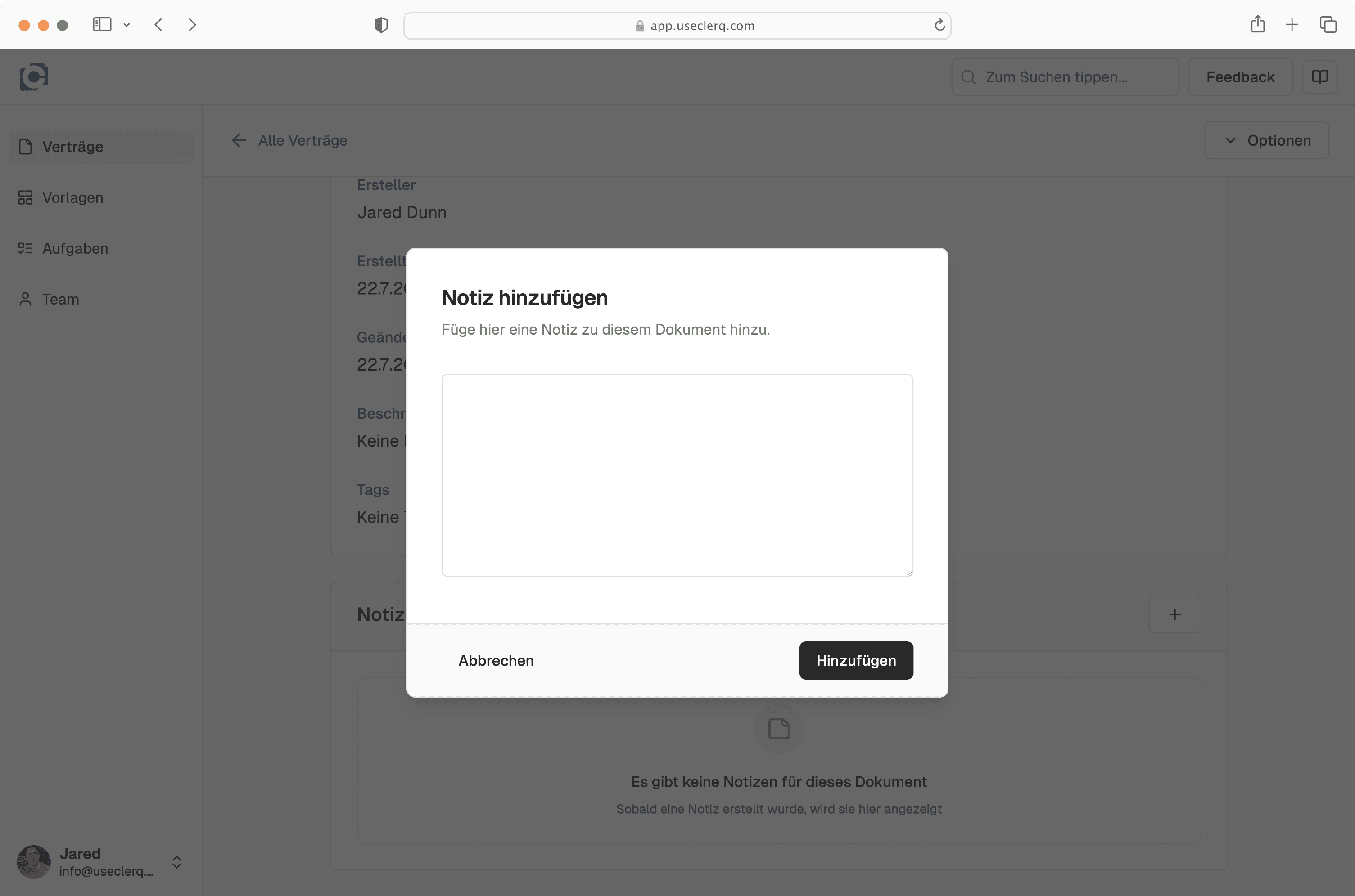 Interne Notizenfunktion in der Zircolo Vertragsübersicht zur besseren Zusammenarbeit im Team