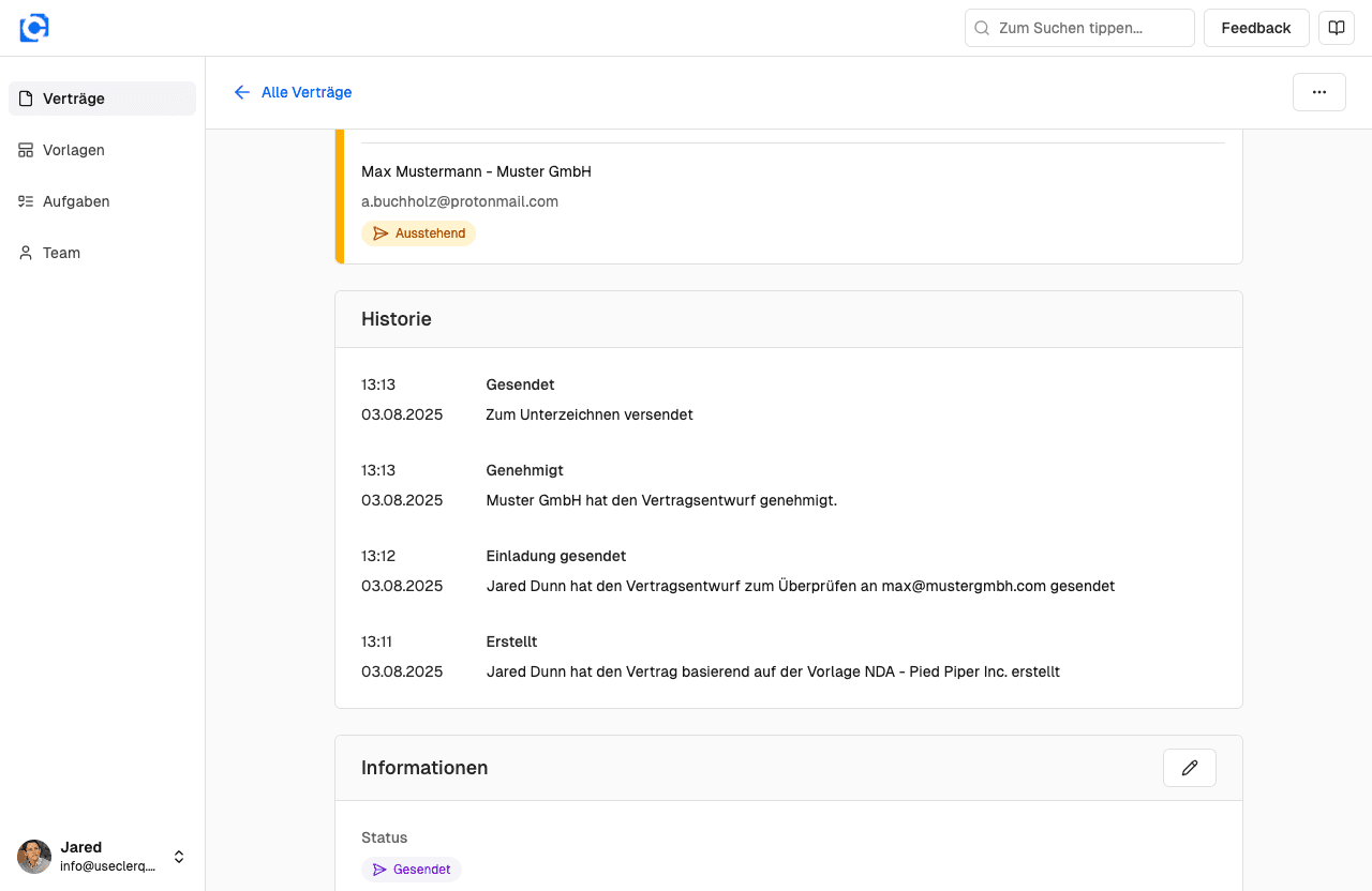 Verlauf und Aktivitäten eines Vertrags in der Zircolo Vertragshistorie inklusive Zeitstempel und Verantwortlichen