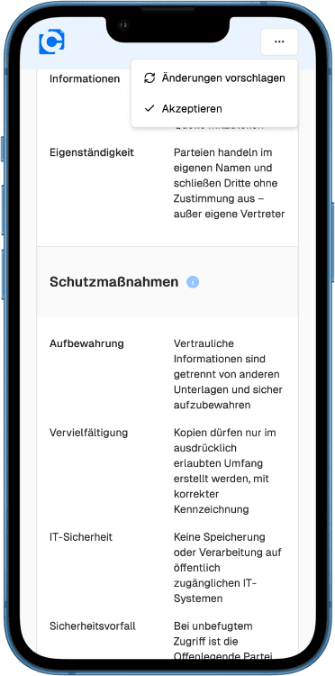 Vertragsverhandlung und Unterzeichnung einer Vertraulichkeitsvereinbarung (NDA) auf mobilen Geräten mit Zircolo
